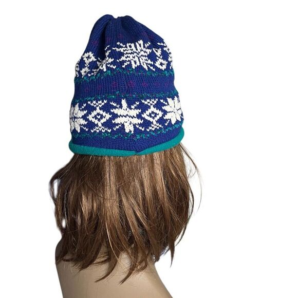 DARN FINE HATS Wool Acrylic Winter Hat Beanie Fair Isle Blue White Teal VINTAGE - Picture 3 of 7